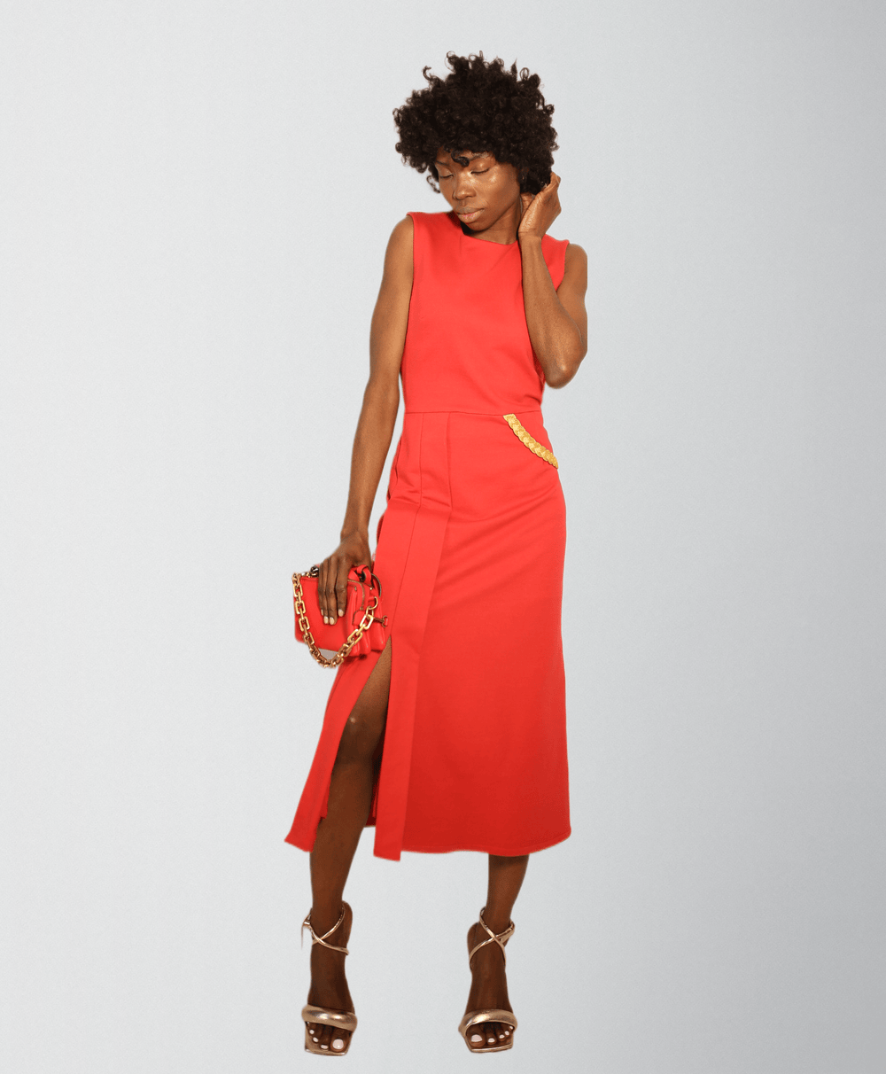 Women's red midi dress in French terry cotton by Baleni
