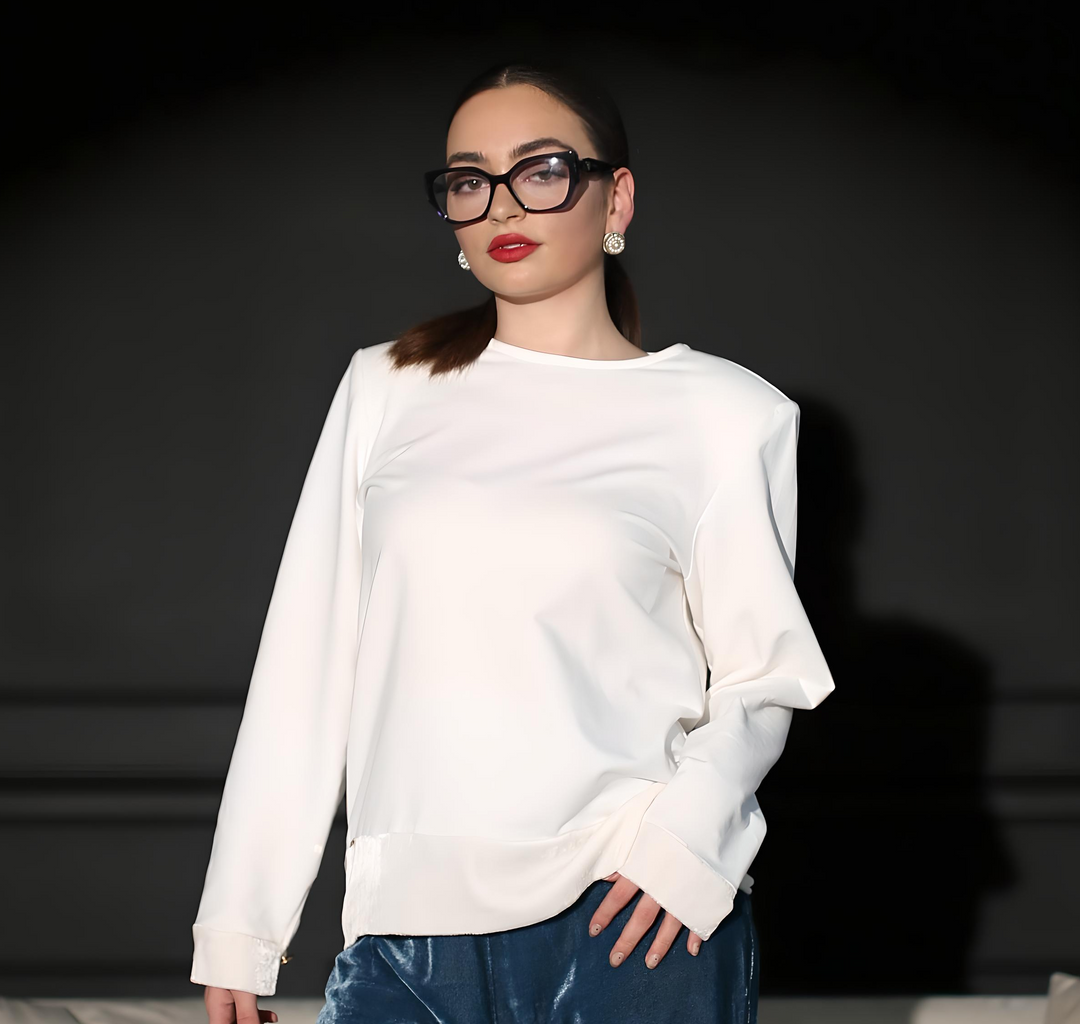Off-white cotton blouse with silk velvet trim - Baleni