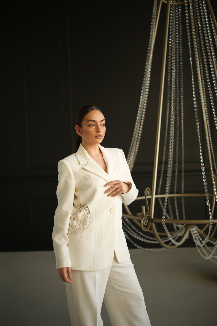 Cream-toned suit with high-waist wide-leg trousers - Baleni
