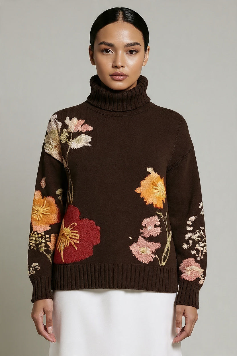 Hand-Embroidered Oversized Turtleneck Sweater