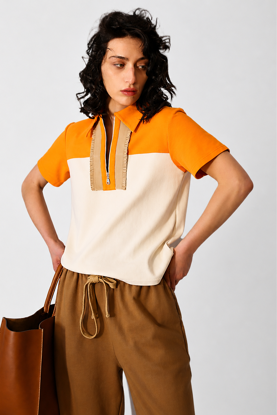 Ruffle Zip Cotton Polo