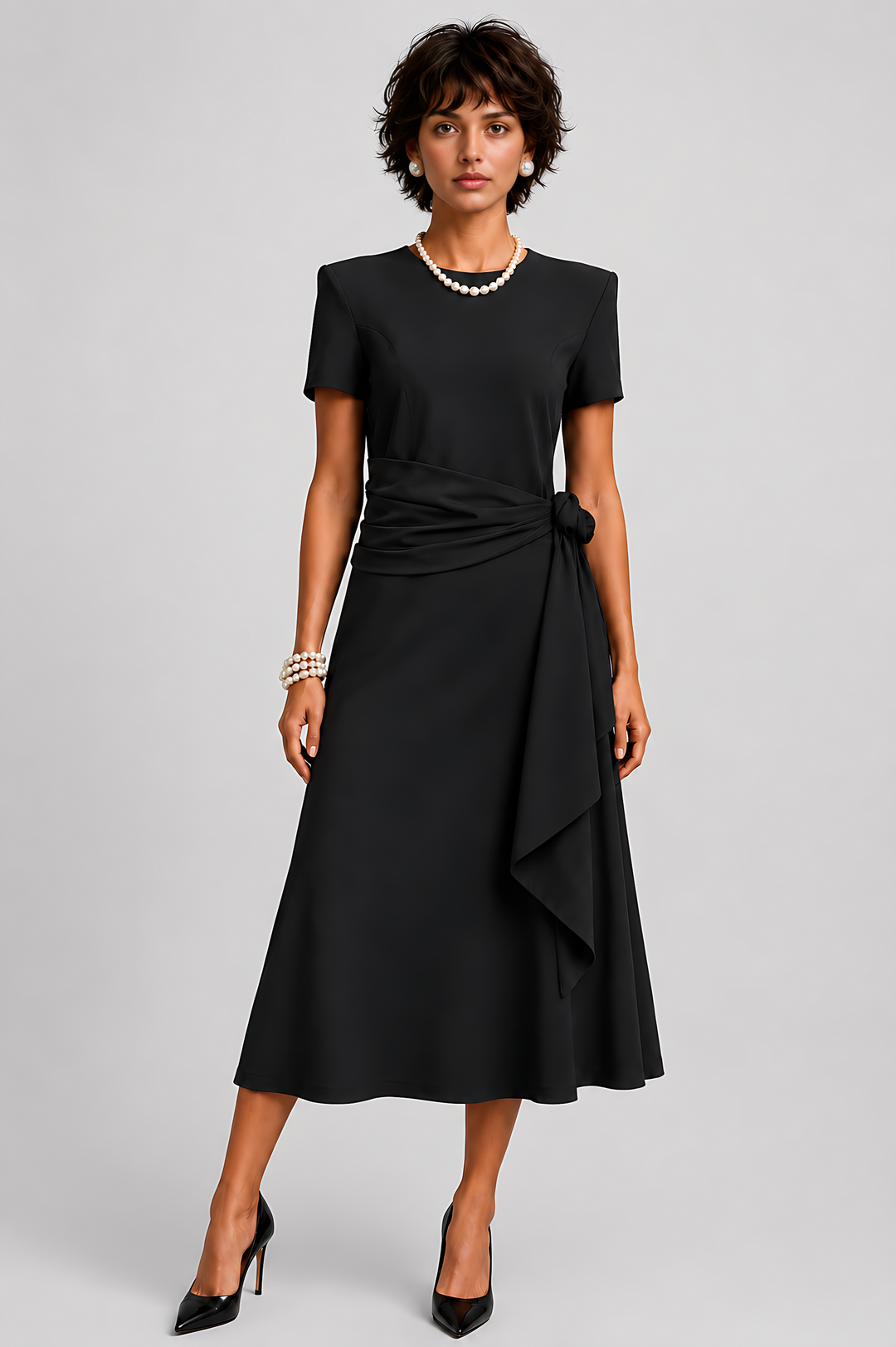 Elegant black draped midi dress with side knot - Baleni