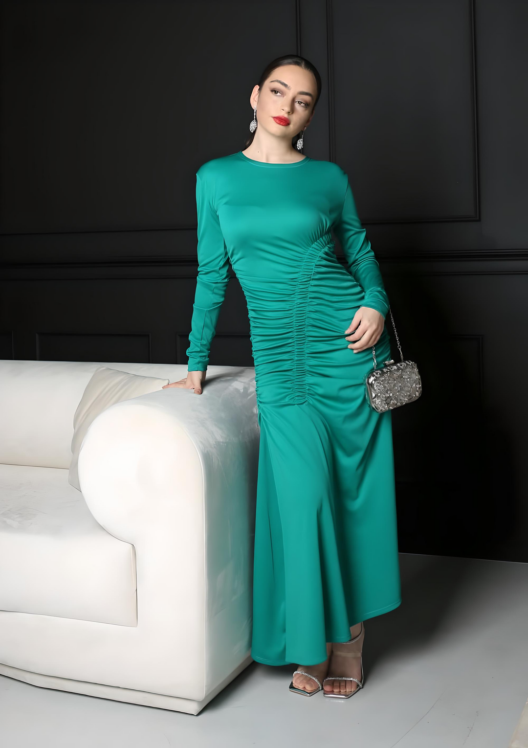 Emerald green ruched long sleeve maxi dress