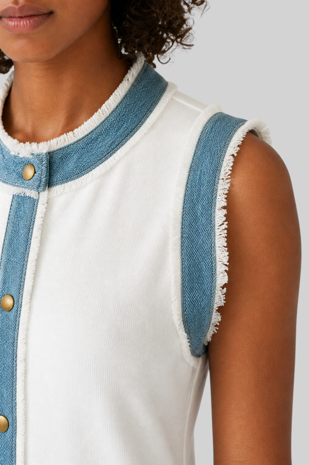 Frayed Denim Trim Pleated Shift Dress