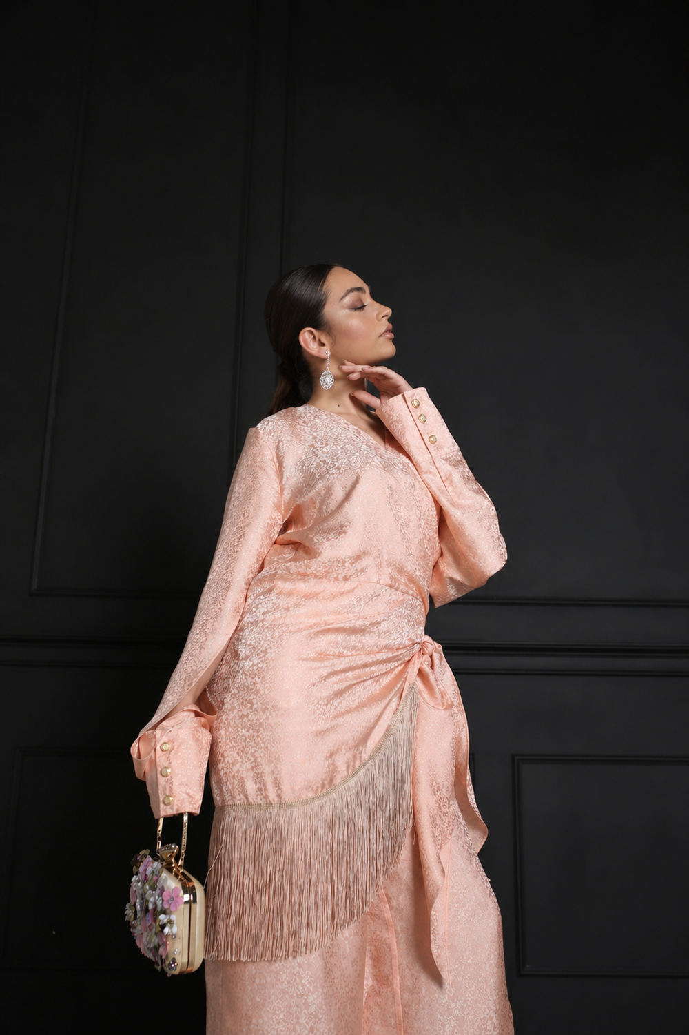 Floral silk fringe kimono top with side tie - Baleni
