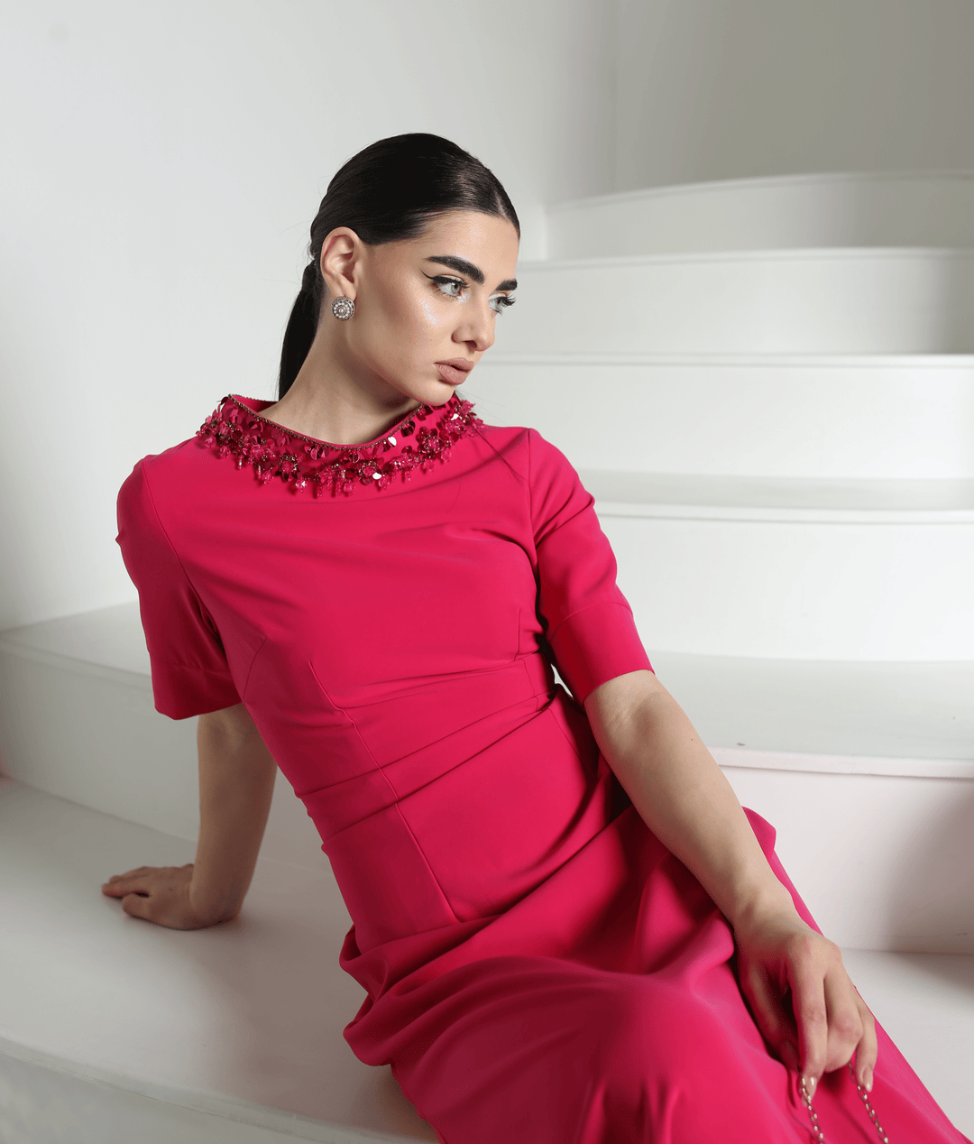 Fuchsia pink evening gown with handmade rhinestone neckline - Baleni