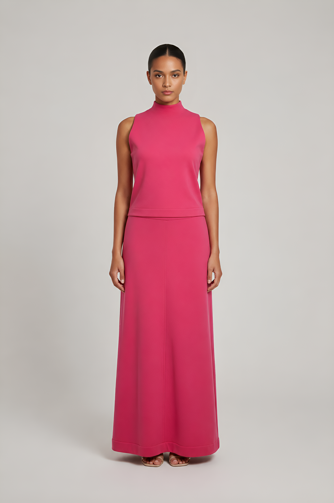 Fuchsia pink skirt set with mock neck top