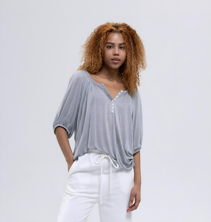 Cool gray sheer blouse with gathered scoop neck