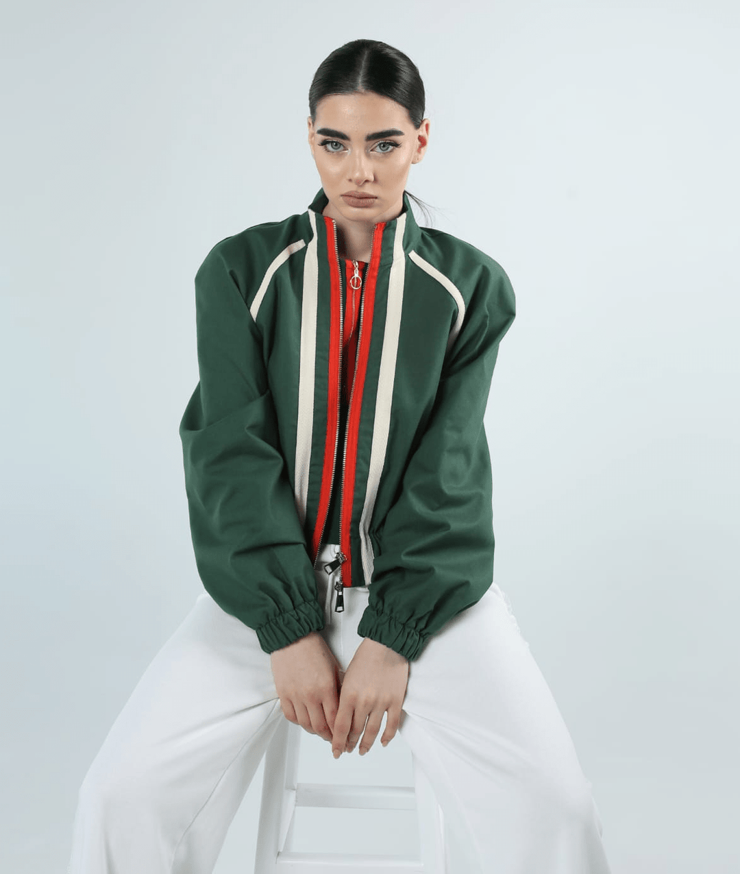 Green cropped bomber jacket for women in cotton canvas with red and white stripe trim - Baleni