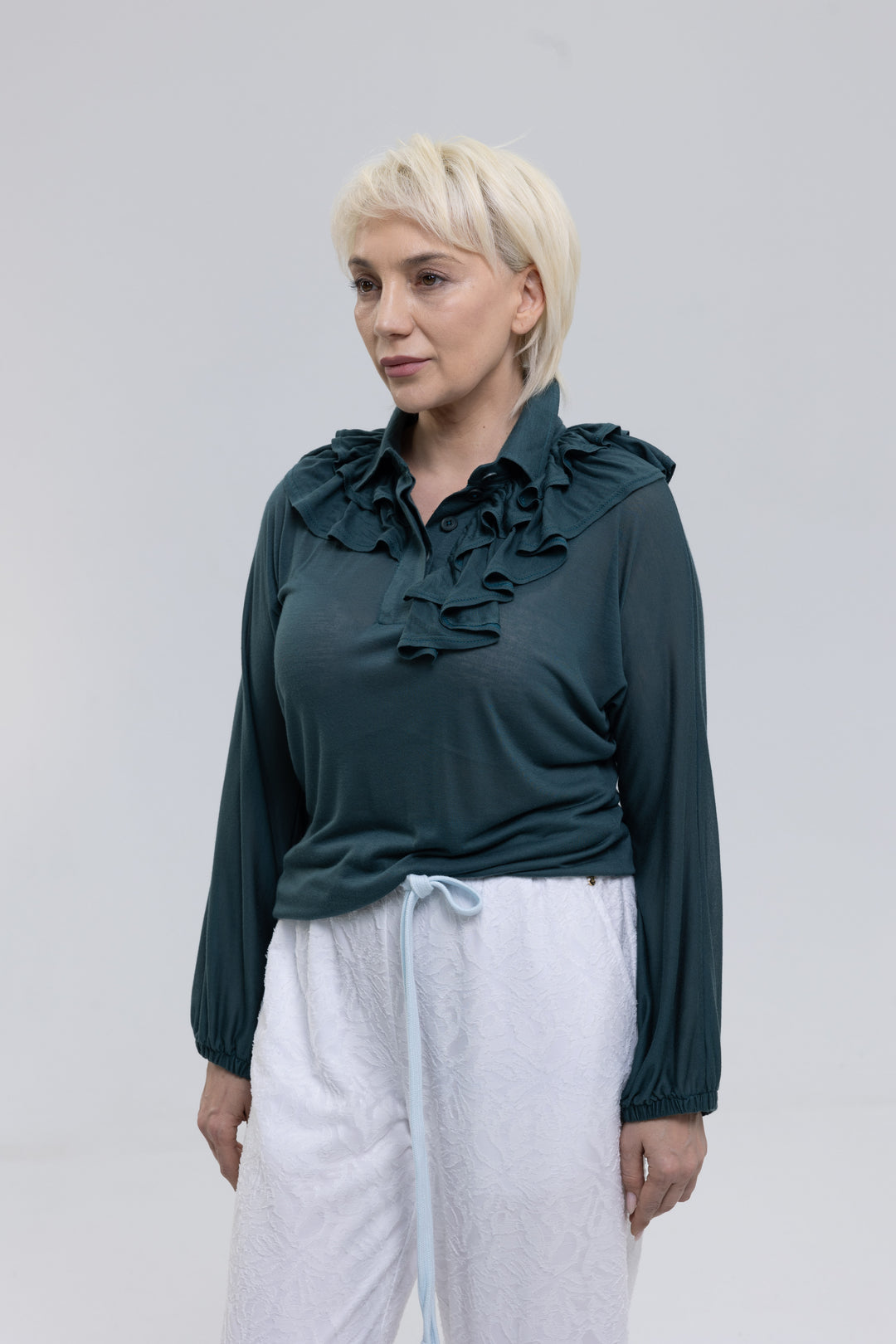 Dark green ruffle collar blouse