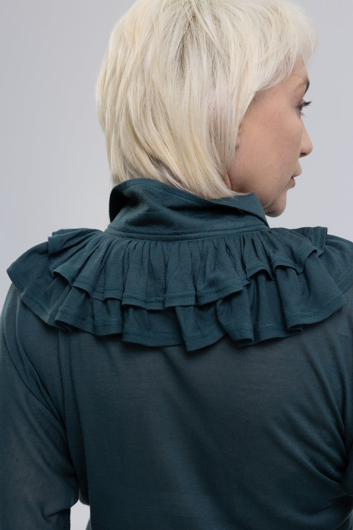 Green blouse with ruffle collar