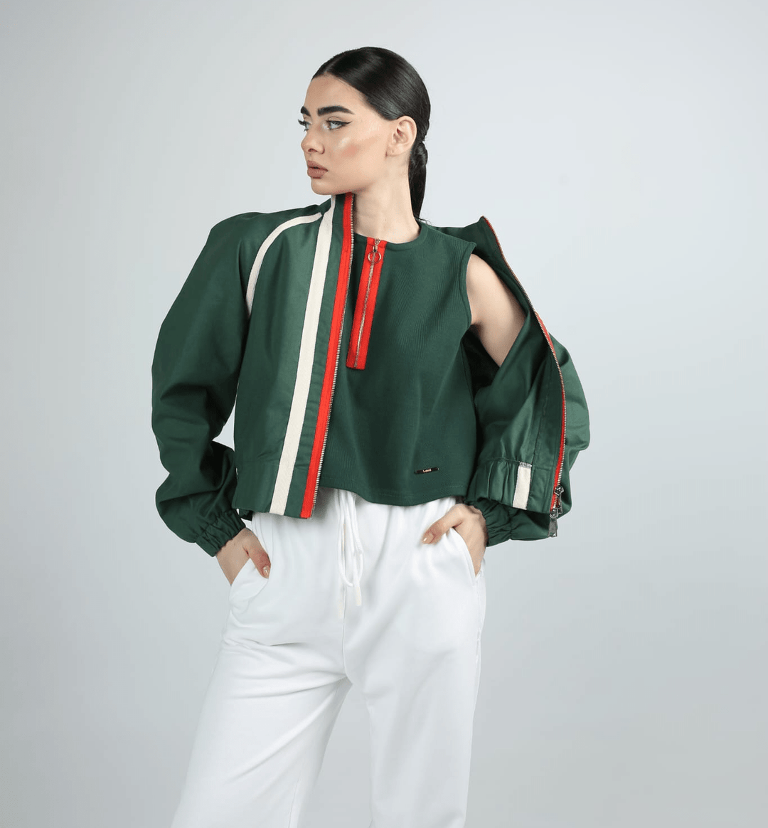 Women's green sleeveless crop top with zipper by Baleni
