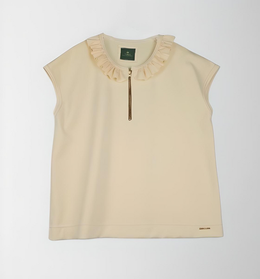 French terry cotton elastane top with zip & ruffle