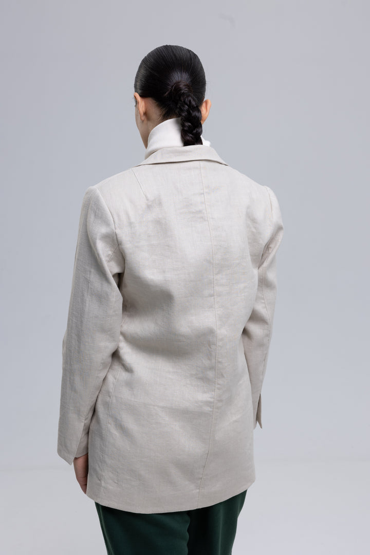 Linen longline blazer front view