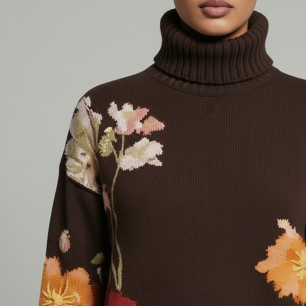 Hand-Embroidered Oversized Turtleneck Sweater