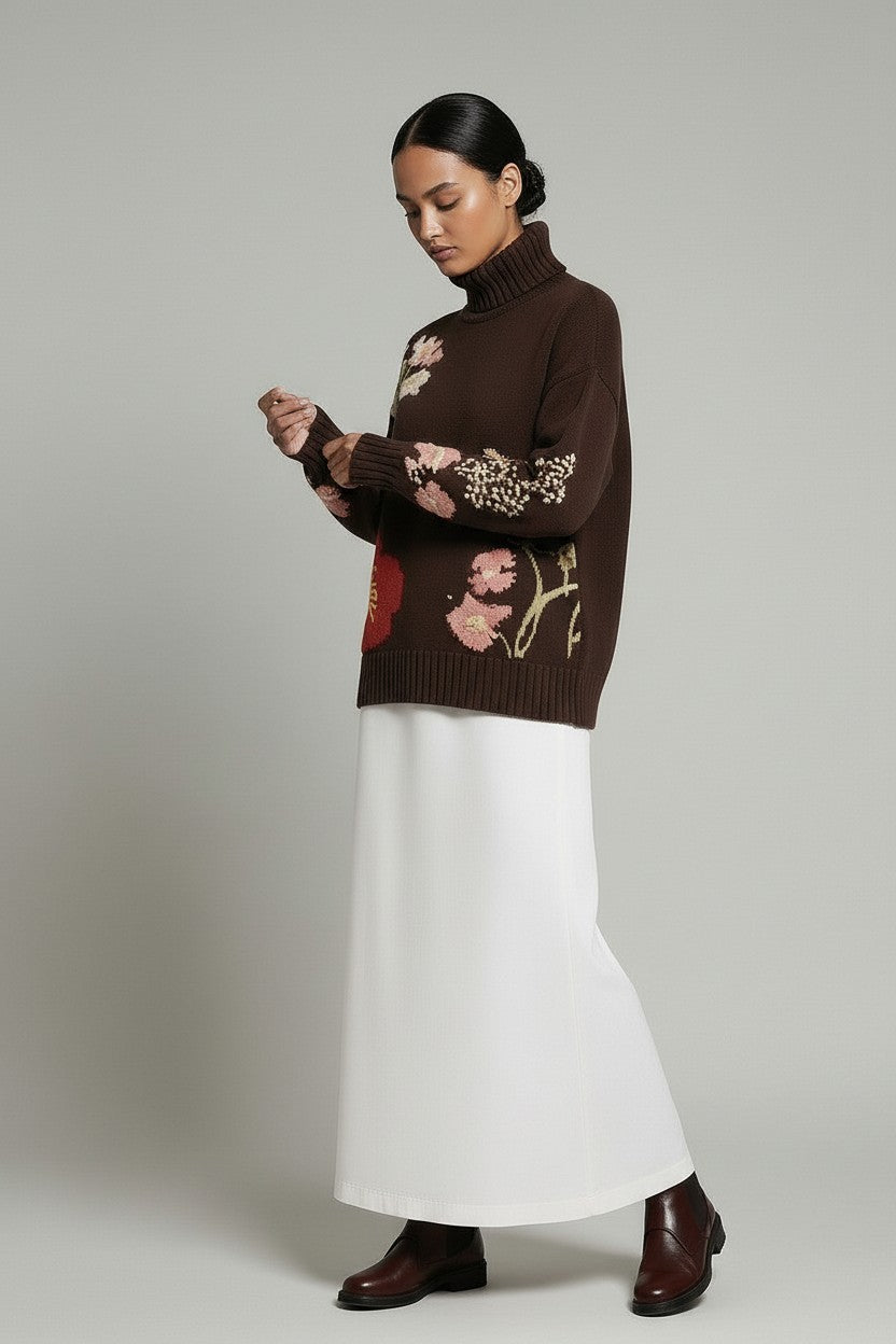 Hand-Embroidered Oversized Turtleneck Sweater