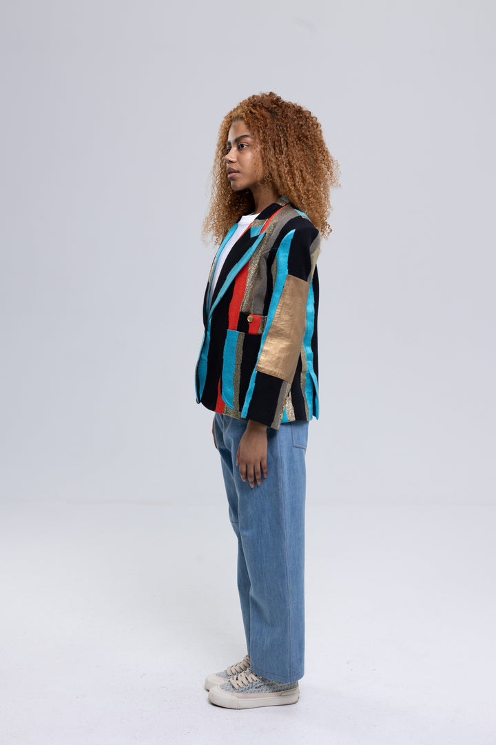 Metallic striped tailored blazer with gold button - Baleni