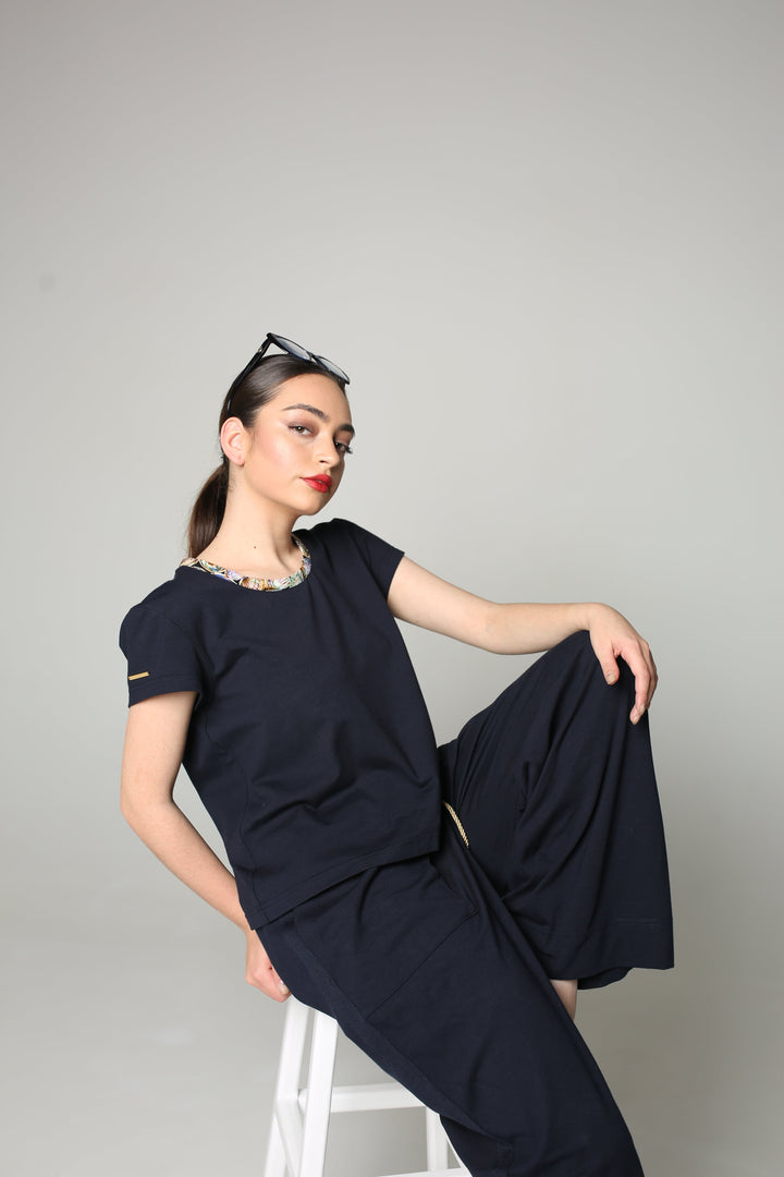 Navy wide-leg drawstring pants