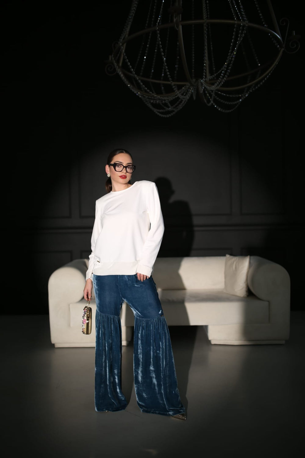 Navy velvet pants with flared wide leg - Baleni