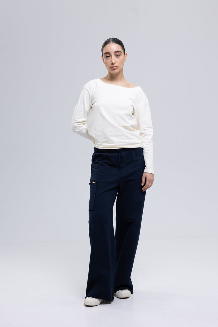 Dark navy wide-leg cargo pants for women