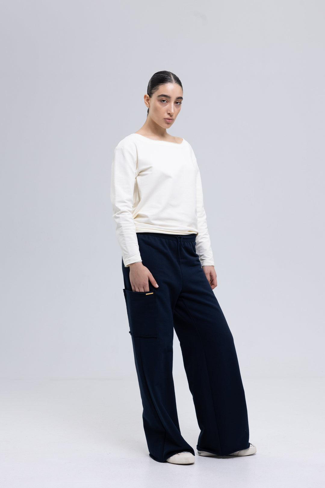Women's navy heavyweight cotton cargo pants by Baleni