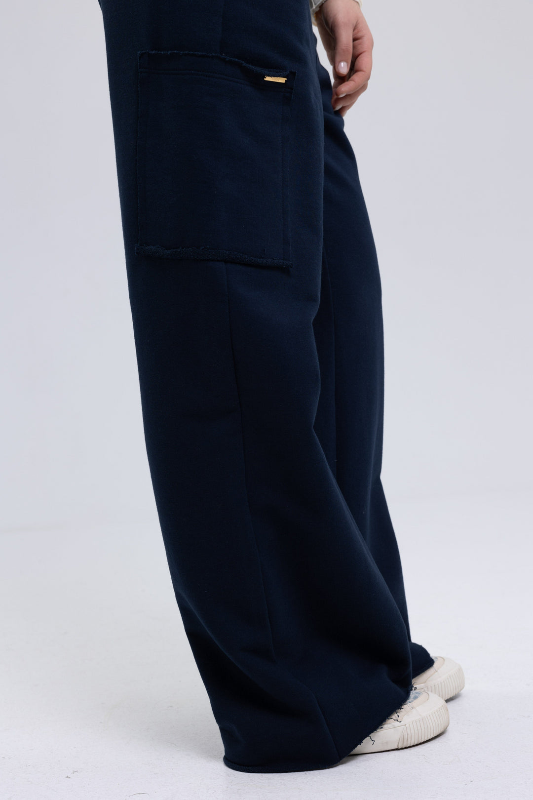 Wide leg navy cargo pants with drawstring waistband