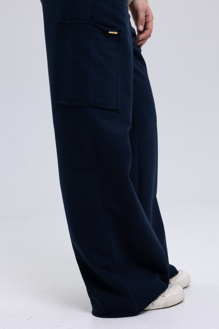 Wide leg navy cargo pants with drawstring waistband
