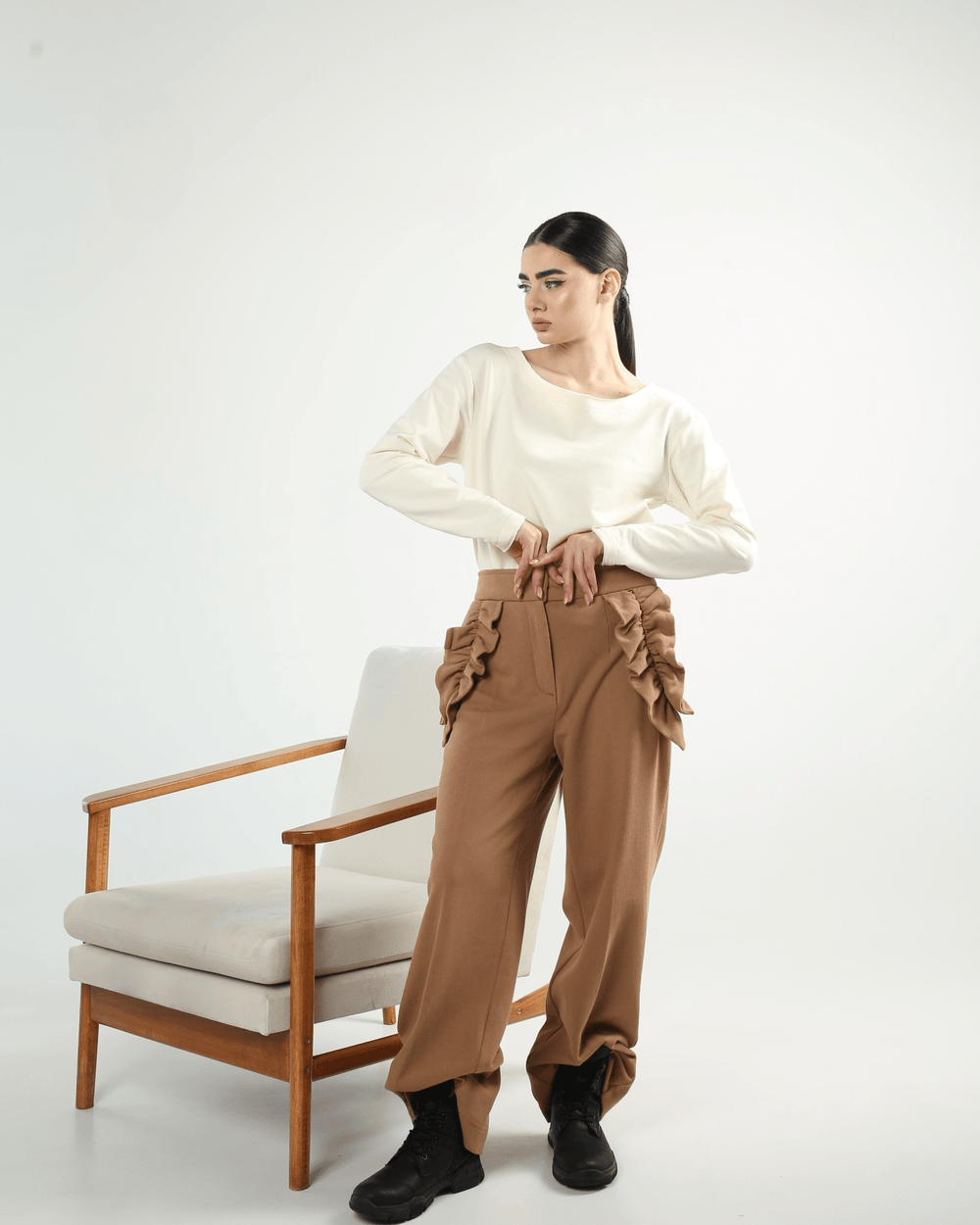 Women's off-white boat neck top with raw edges by Baleni