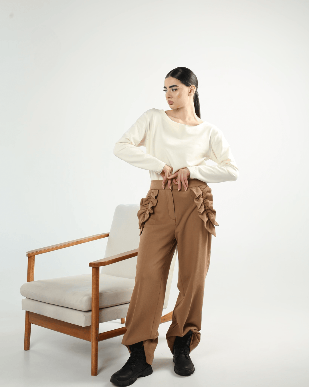 Women's off-white boat neck top with raw edges by Baleni