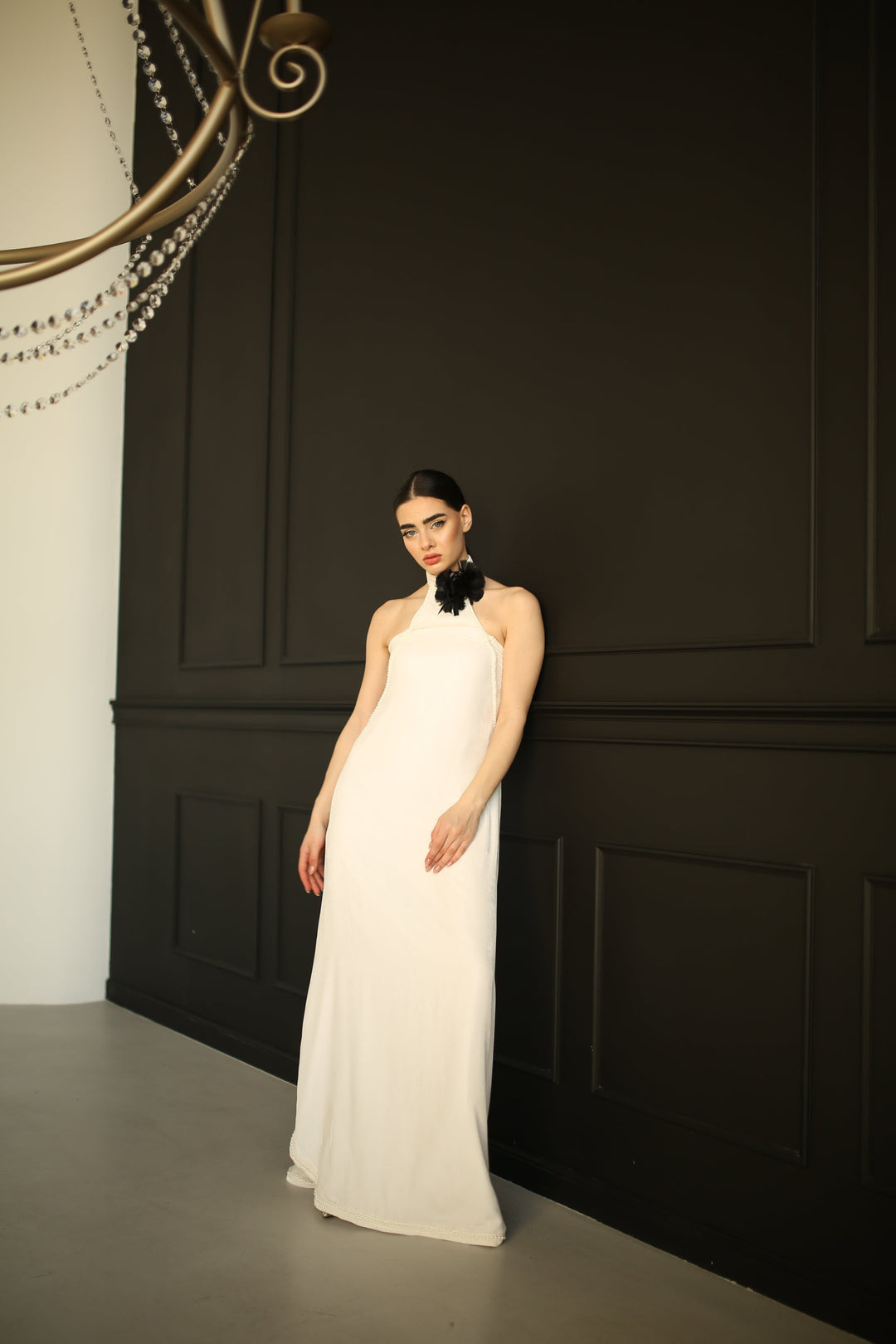 Off-white velvet evening gown with beaded pearl trims, floor length - Baleni