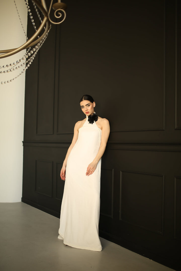 Off-white velvet evening gown with beaded pearl trims, floor length - Baleni
