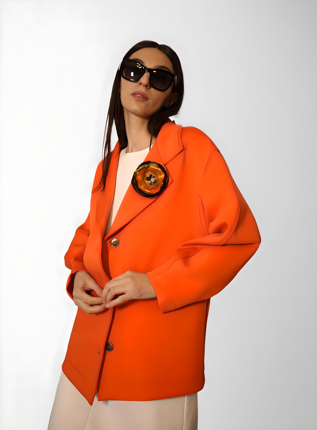 Blaze orange boxy blazer for women with flower brooch