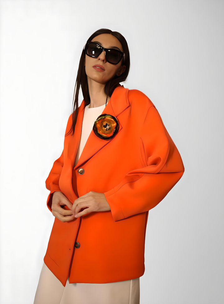 Blaze orange boxy blazer for women with flower brooch