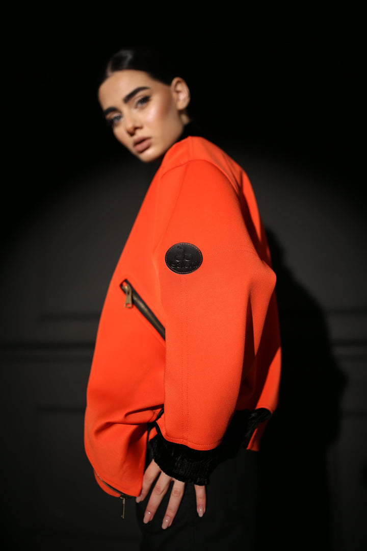 Red orange bomber jacket for women with velvet trims - Baleni