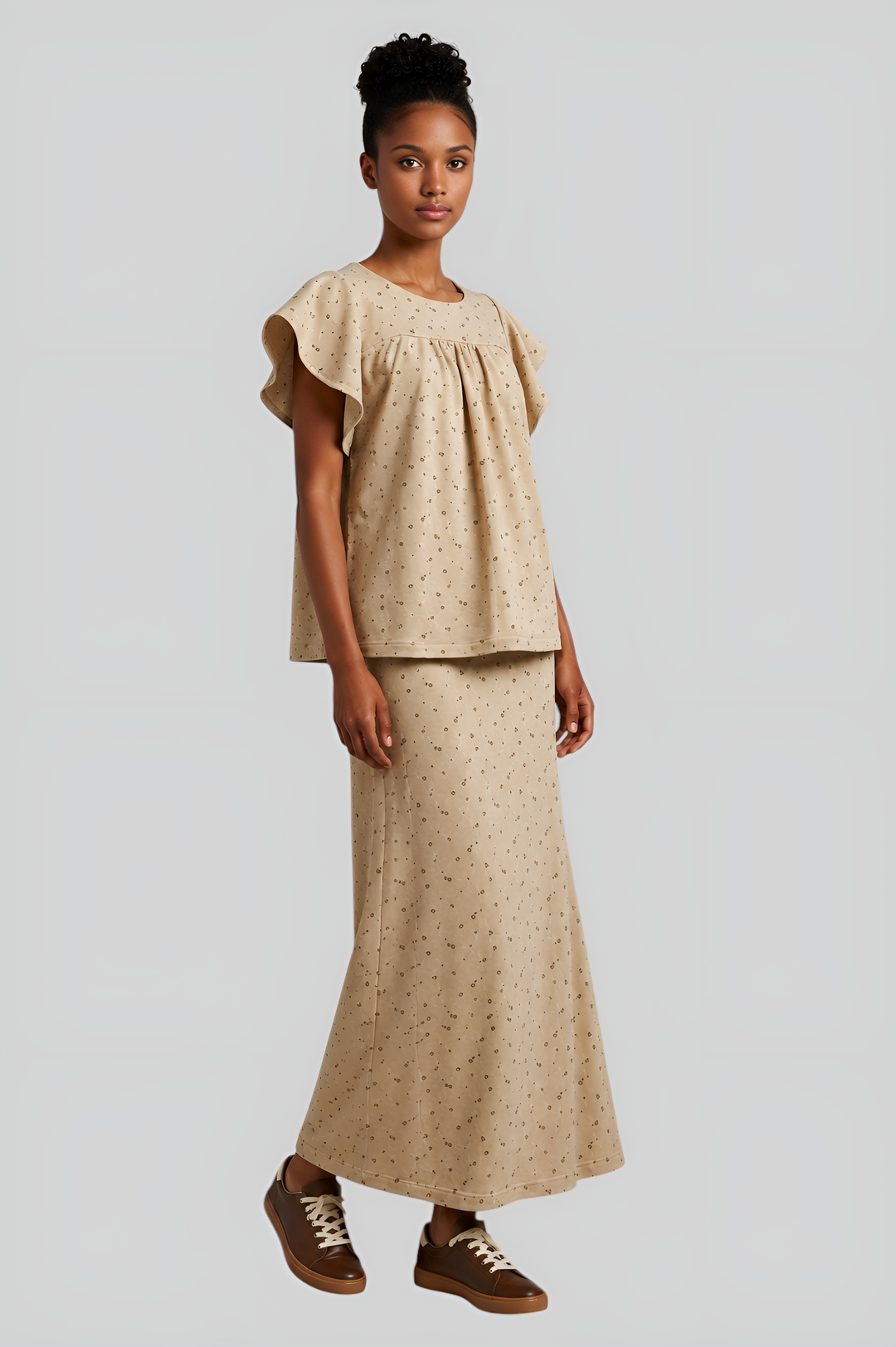 Flutter-Sleeve Blouse & Maxi Skirt Ensemble