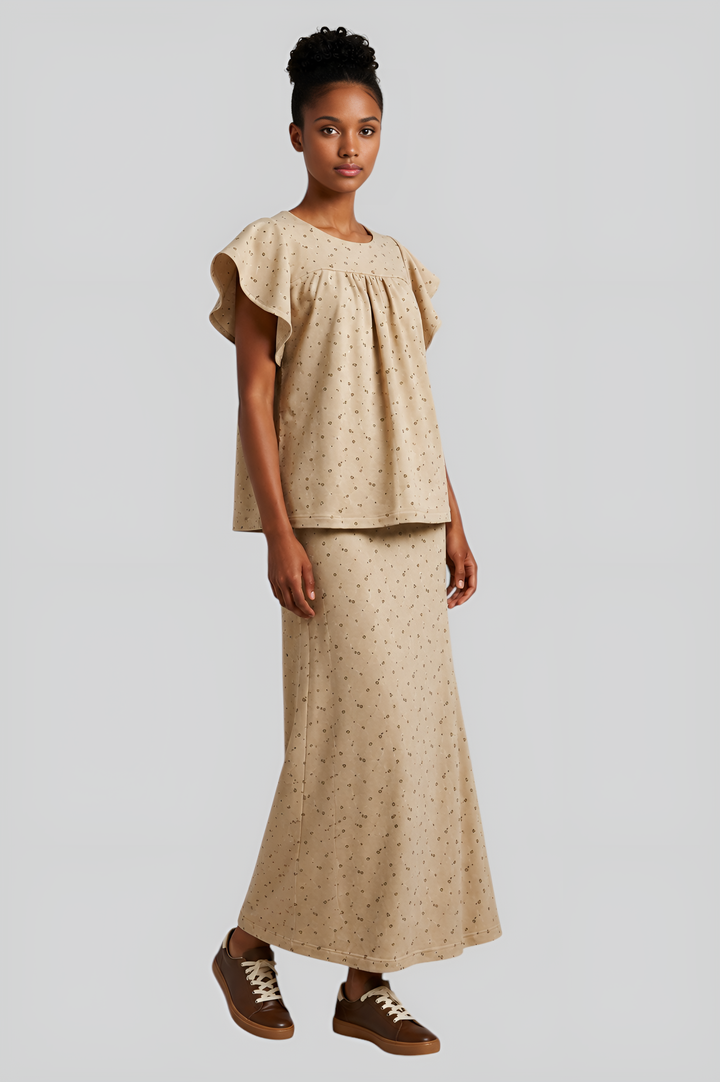 Flutter-Sleeve Blouse & Maxi Skirt Ensemble
