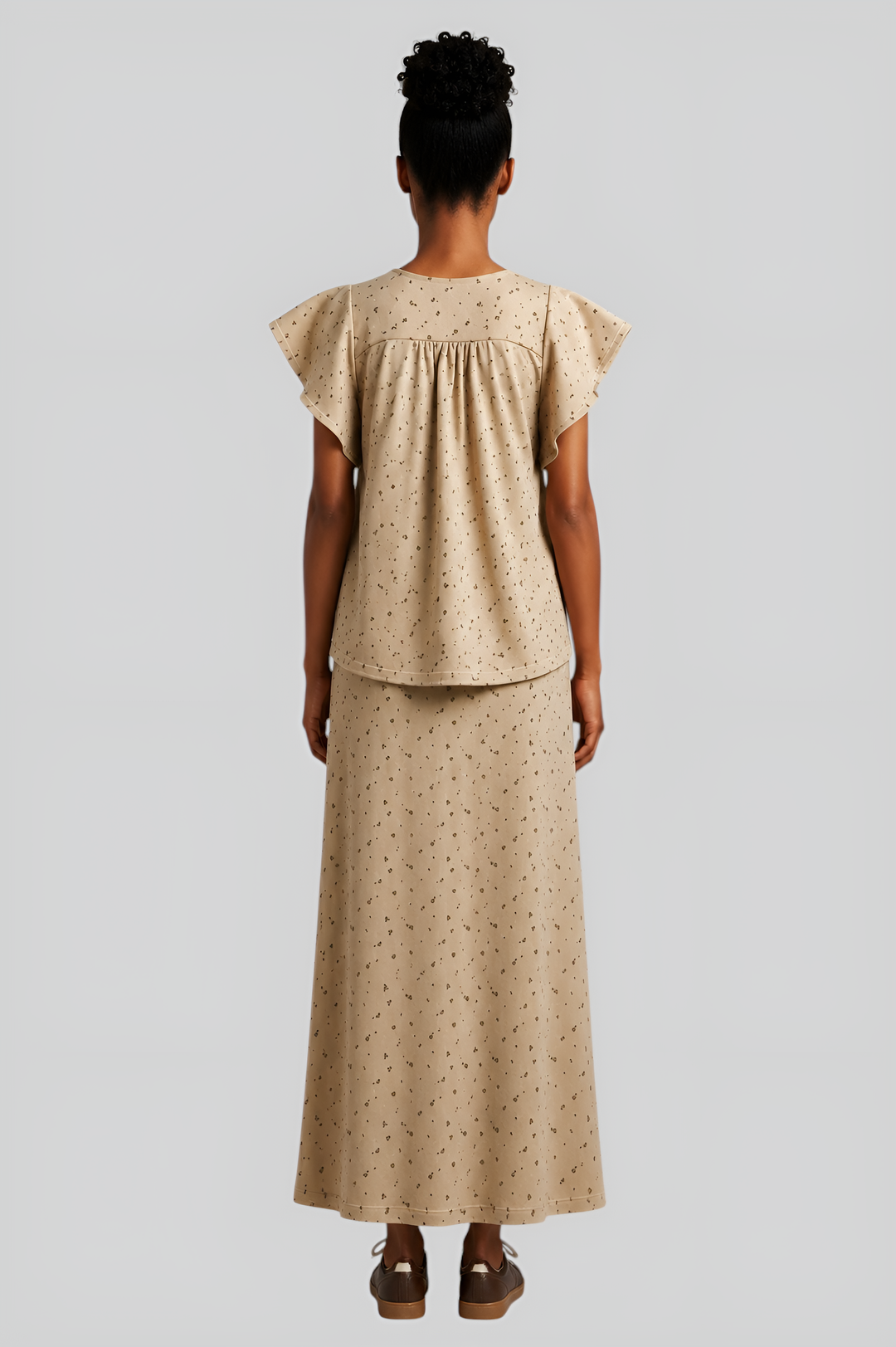 Flutter-Sleeve Blouse & Maxi Skirt Ensemble