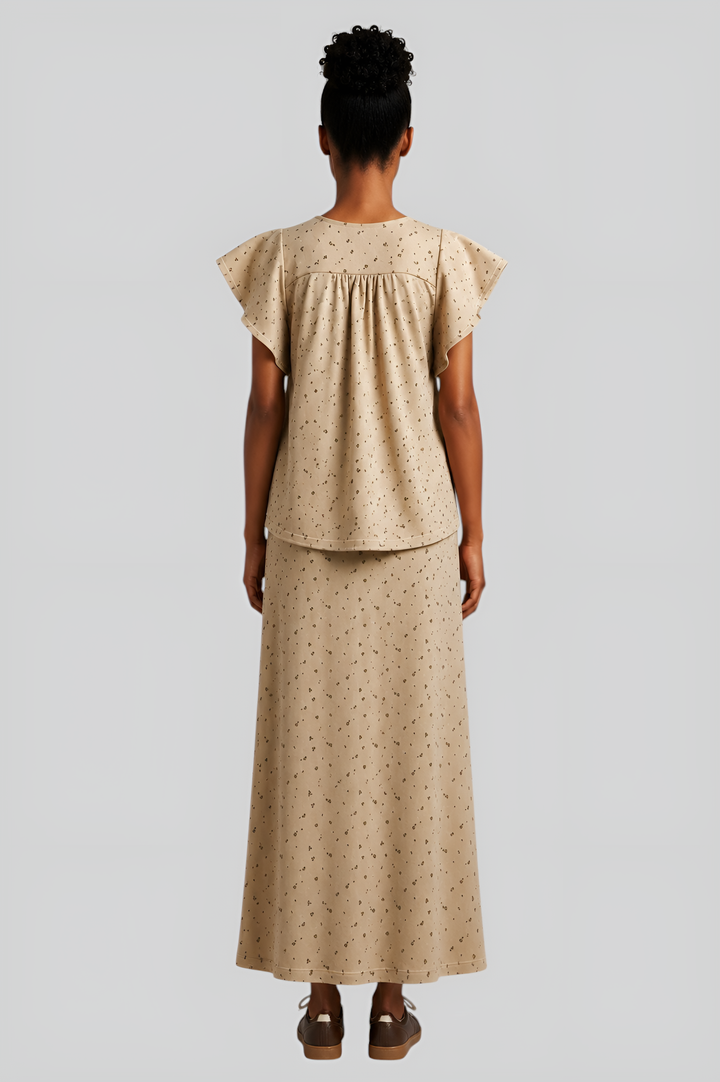 Flutter-Sleeve Blouse & Maxi Skirt Ensemble