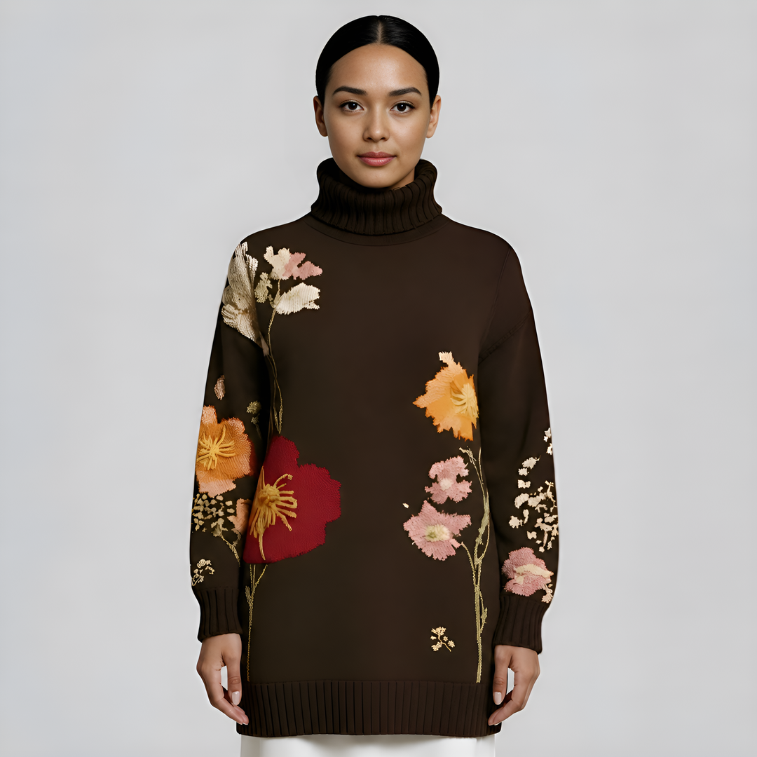 Hand-Embroidered Oversized Turtleneck Sweater