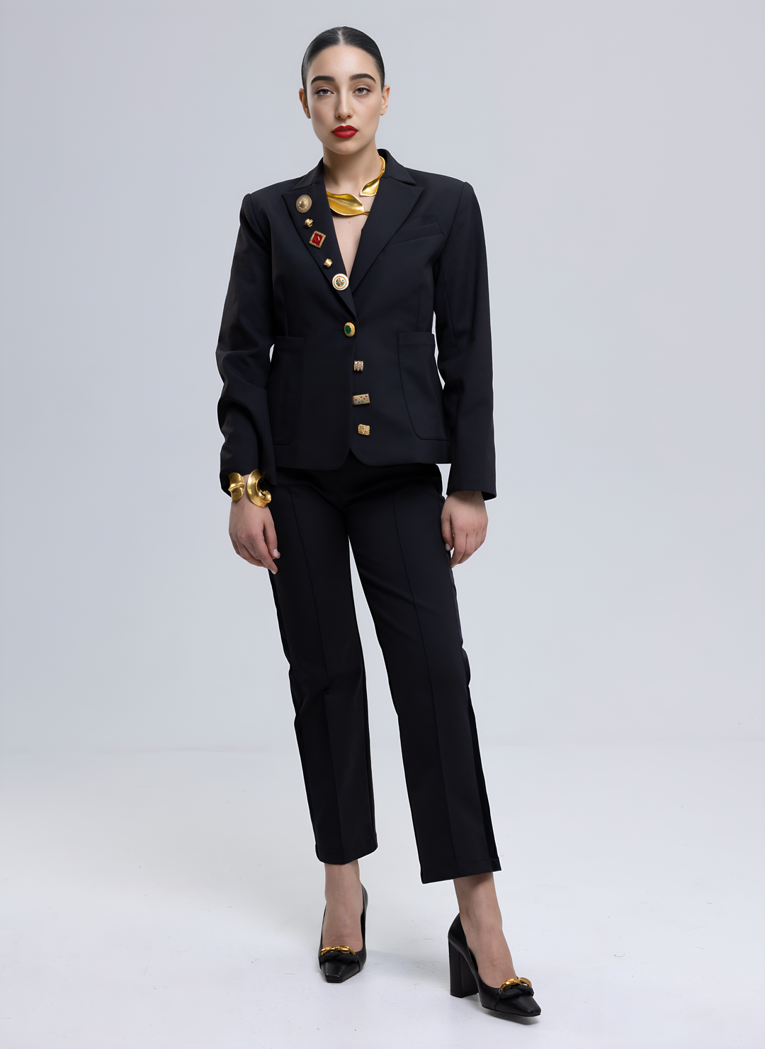 Single-Breasted Stretchy Slim-Cropped Trousers Ensemble