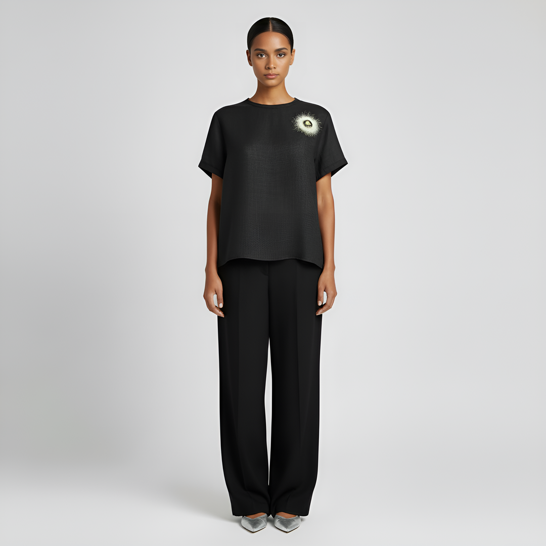 Crew-Neck Woven Wool Blouse