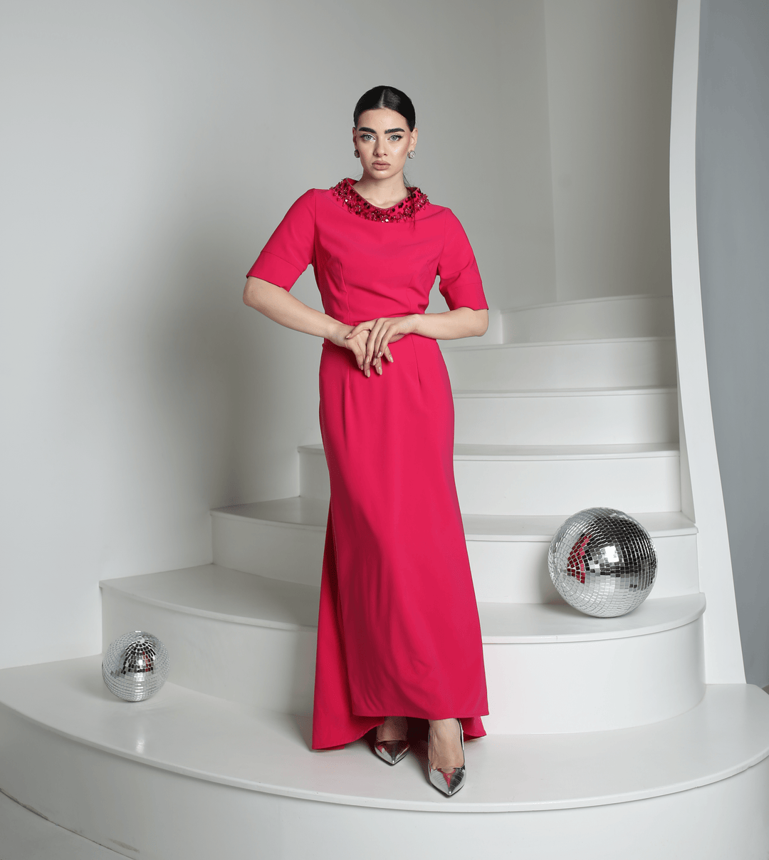 Pink evening gown with handmade rhinestones and raglan sleeves - Baleni