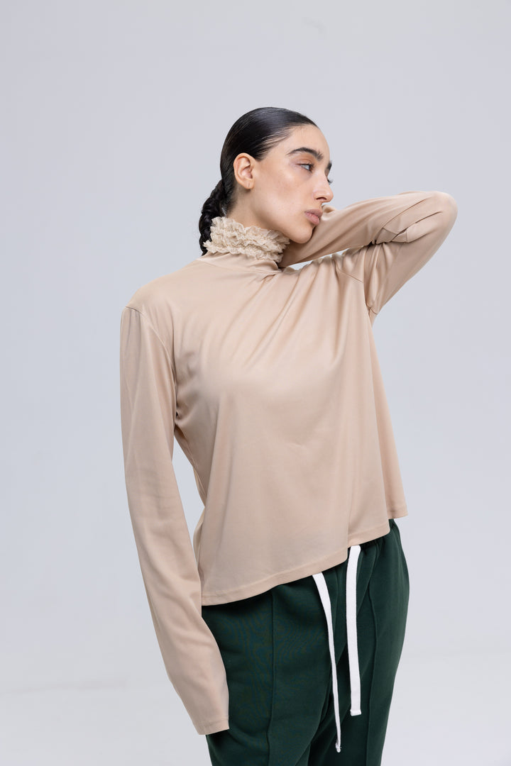 Pale rosewood high neck blouse with lace trim