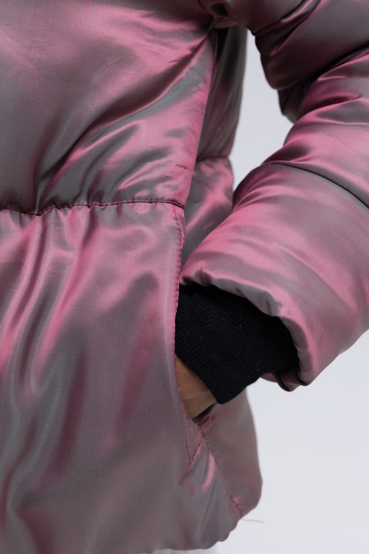 Pink two-tone puffer jacket with black elasticated rib cuffs and welt pocket - Baleni