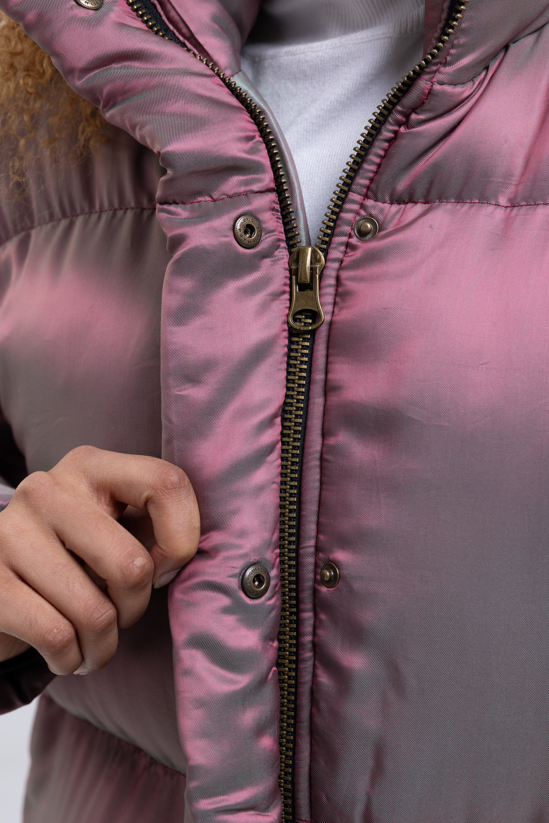 Pink puffer jacket centre front zip with snap-fastened storm flap - Baleni