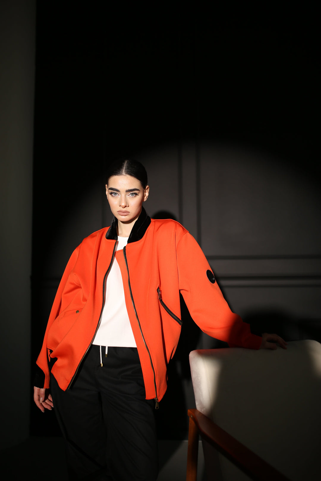 Red orange bomber jacket with relaxed fit and dropped shoulders - Baleni