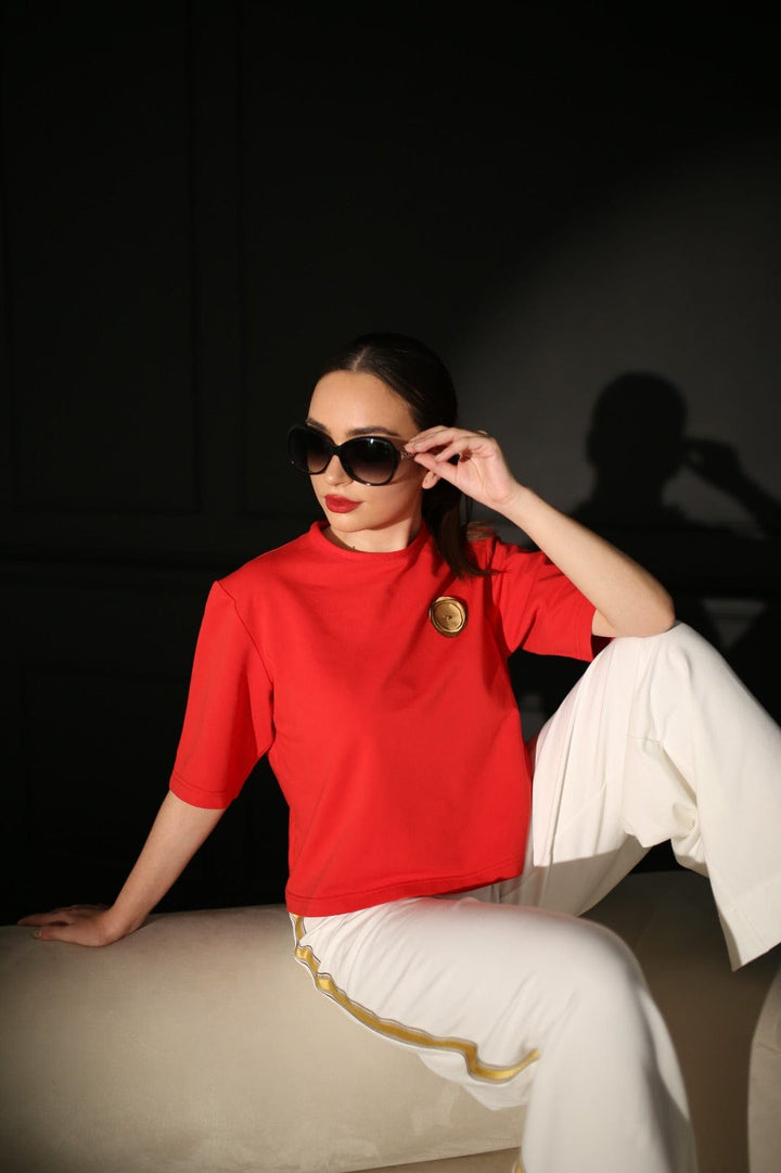 Persian red cropped t-shirt with handmade flower patch