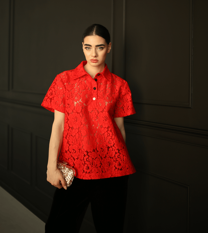 Lava red cropped lace polo top for women