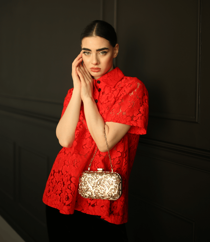 Women's red cotton lace top with polo collar by Baleni
