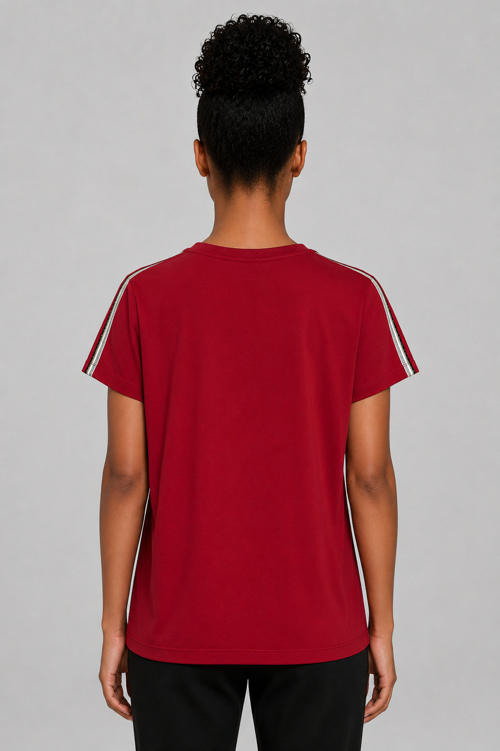 Women's red tee with grosgrain shoulder trim by Baleni